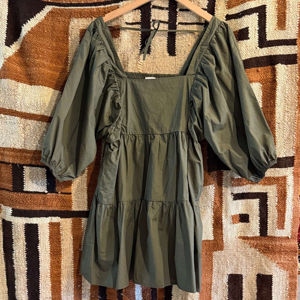 Dark Olive Green Puff Sleeve Dress. 34” long. Size M. EUC.